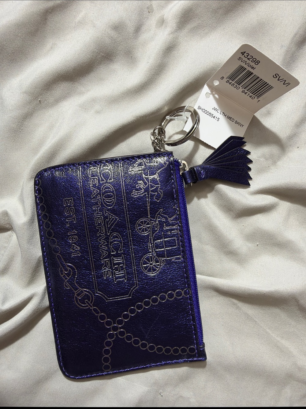 Coach Metallic Purple Leather Key & Card Zip Case with Tassel Keyring